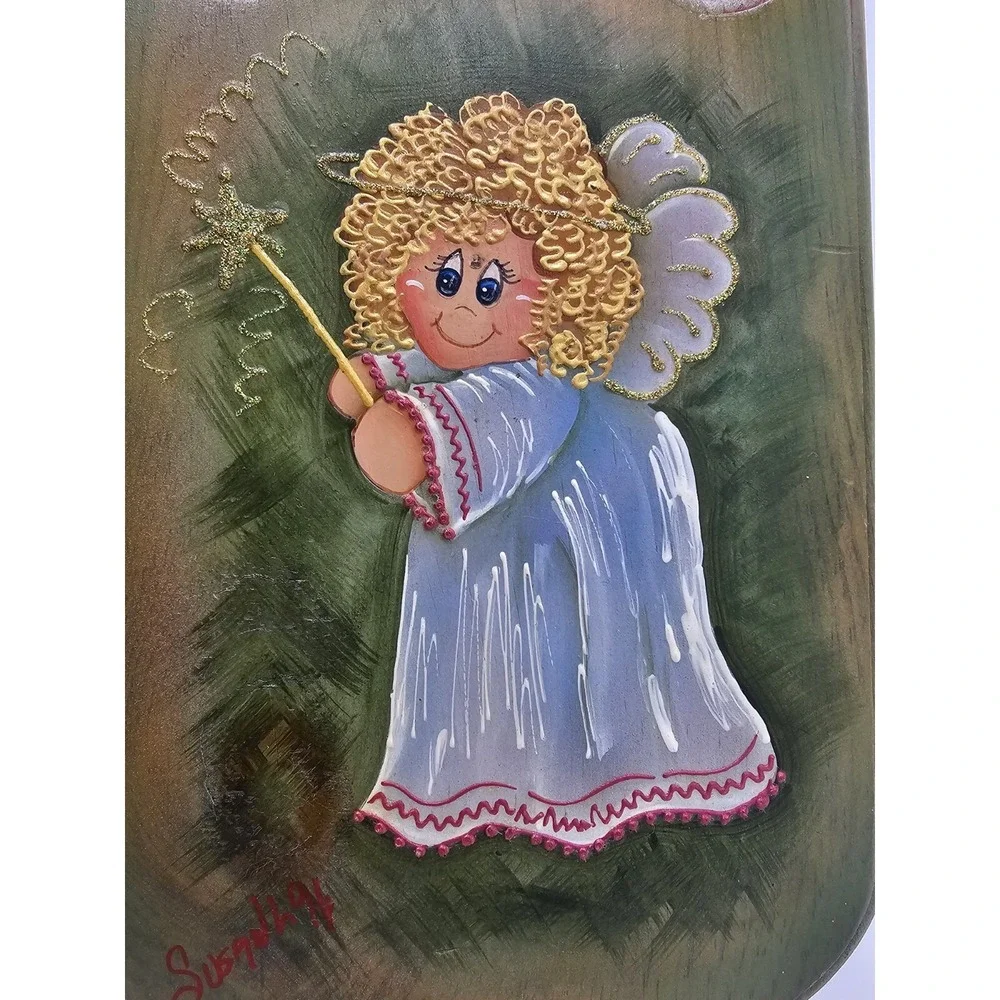 Wood Hand Painted Sled Sleigh Blonde Angel Girl Wall Hanging Christmas Decor